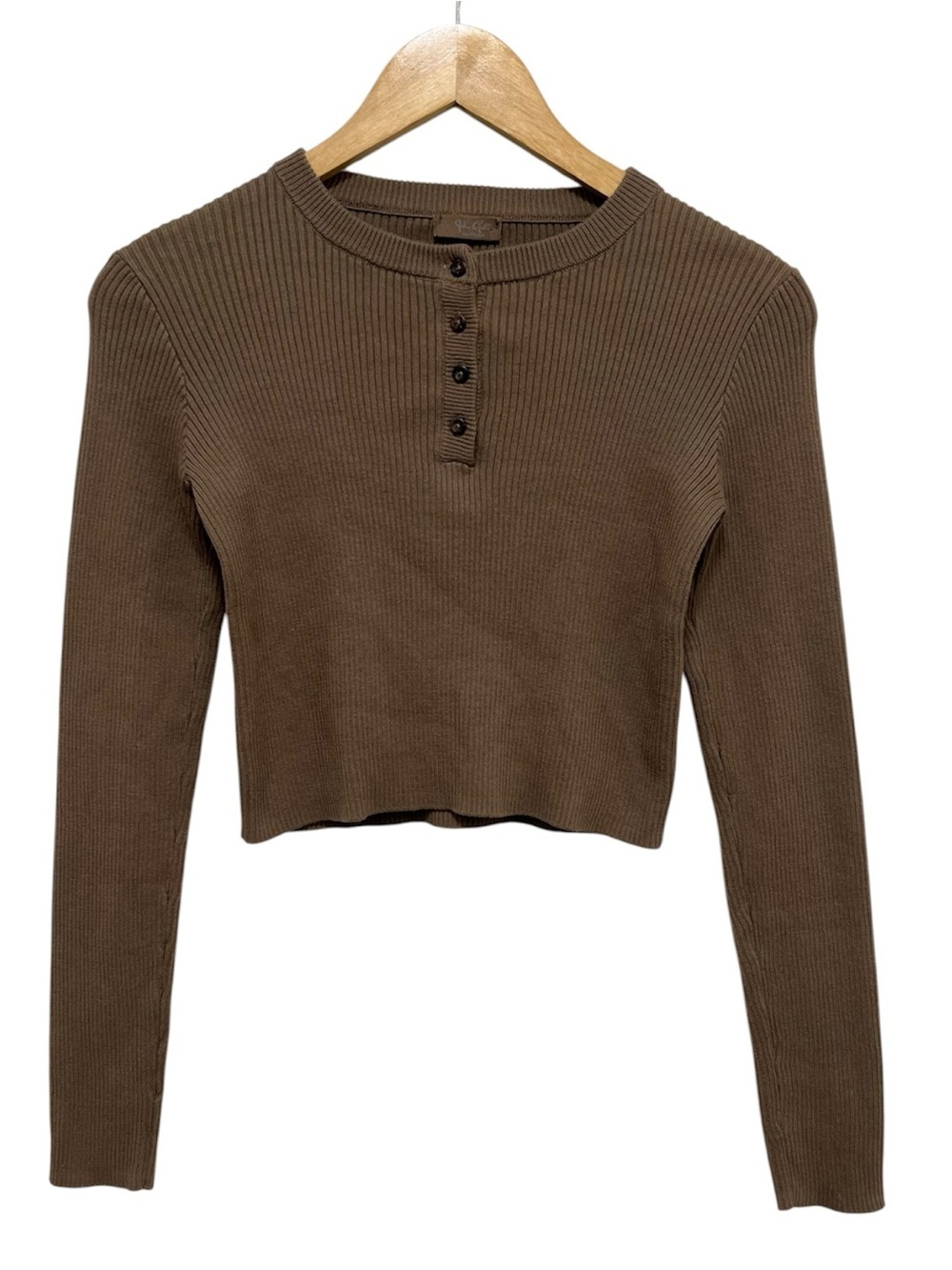 John Galt Shanghai Brown Cotton Ribbed Cropped Henley Sweater